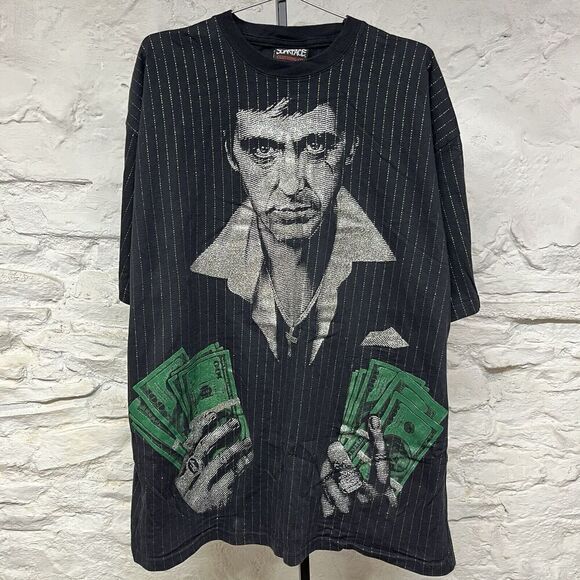 Vtg y2k NWOT(?) Scarface Clothing Shirt 2XL Black Tony Montana Metallic Print - Picture 1 of 8